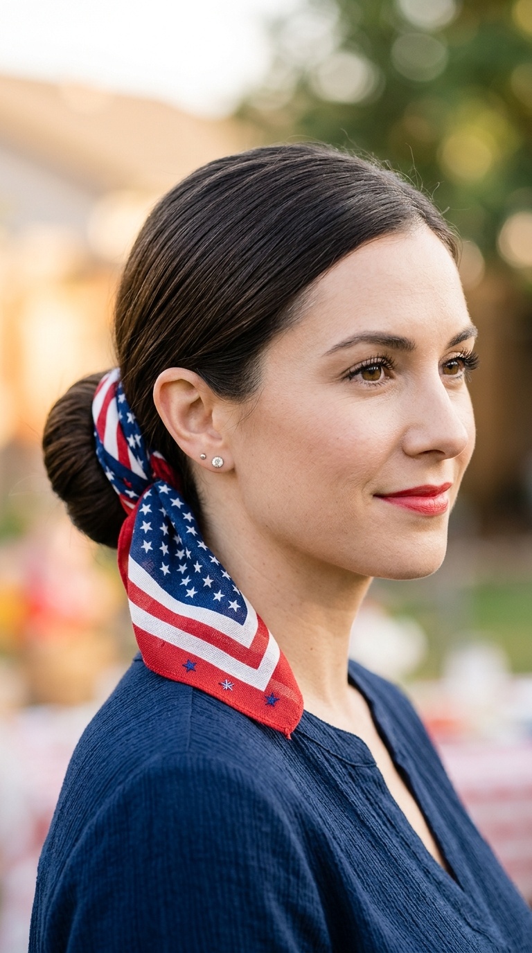 Sleek Low Bun with Patriotic Scarf