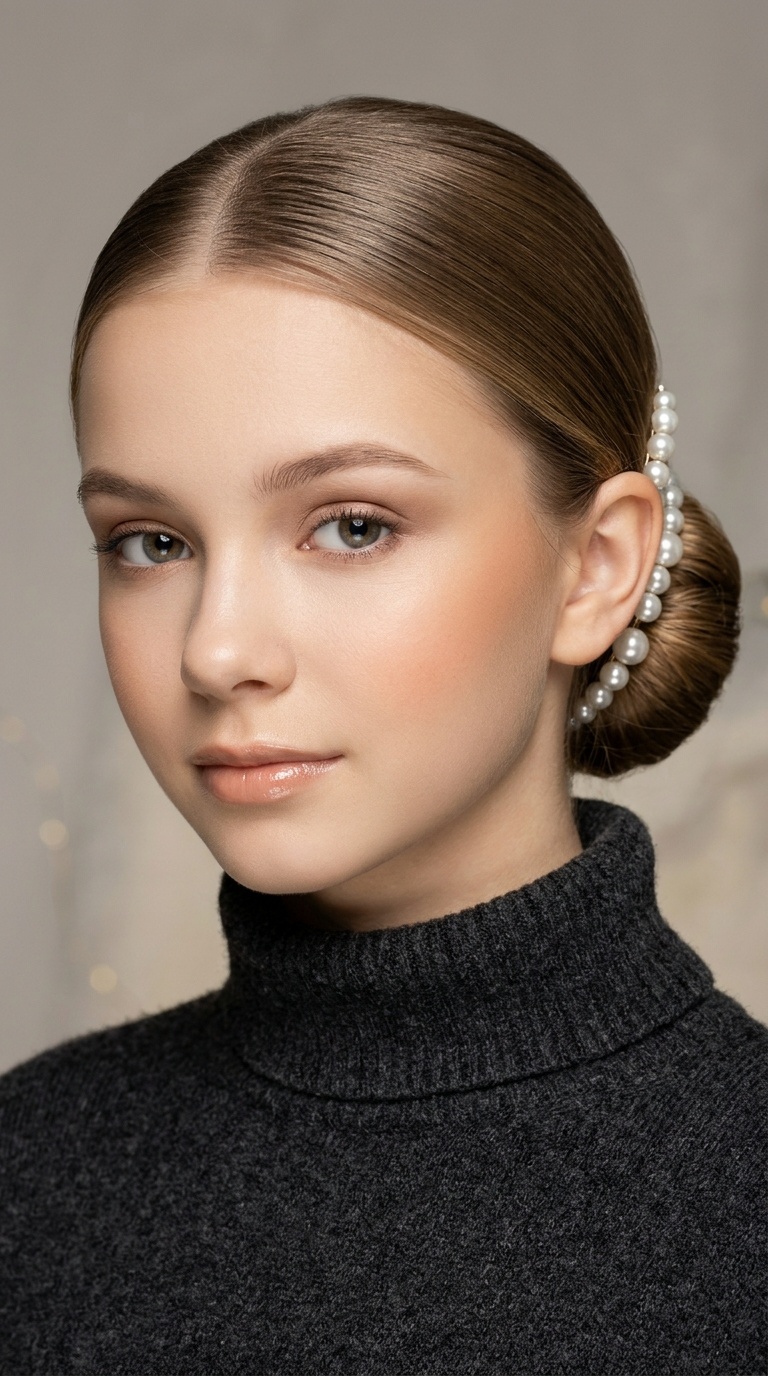 Sleek Low Bun with Pearl Accents