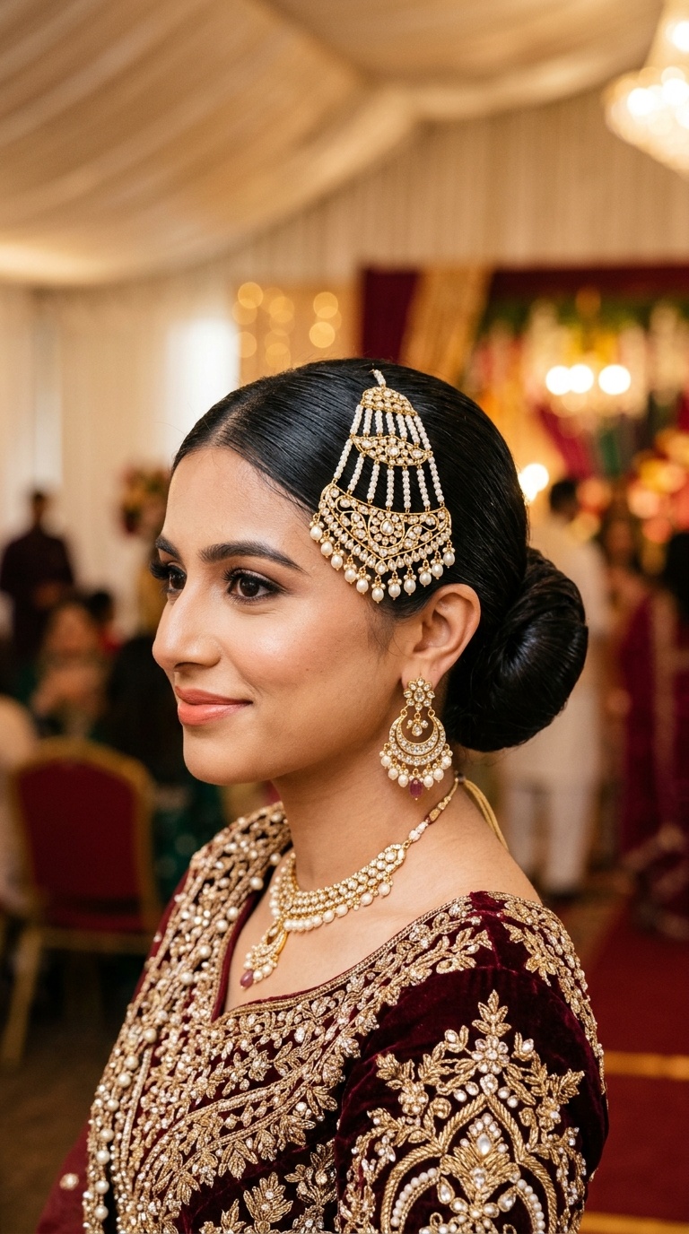 Sleek Low Bun with Traditional Jhoomar