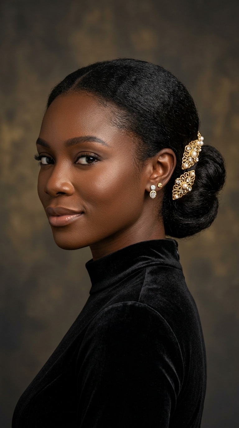 Sleek Low Chignon with Gold Accessories