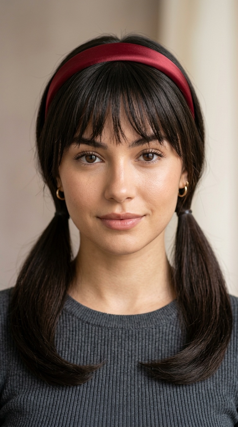 Sleek Low Pigtails with Choppy Bangs and Satin Headband