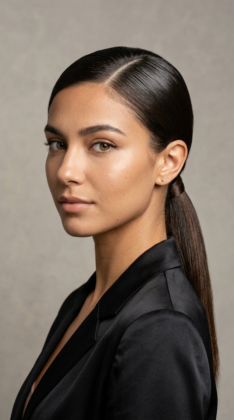 Sleek Low Pony with Deep Side Part