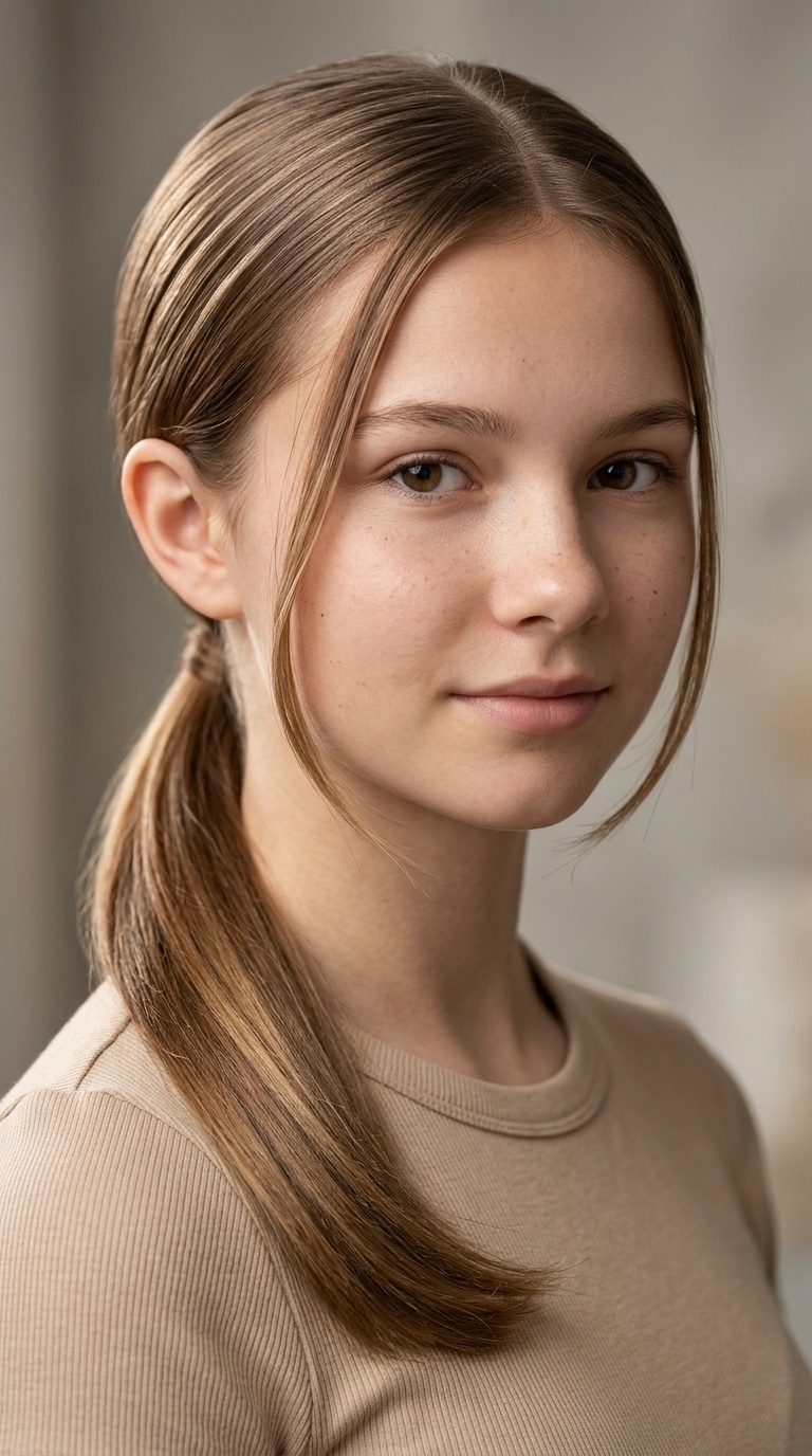 Sleek Low Pony with Face-Framing Tendrils