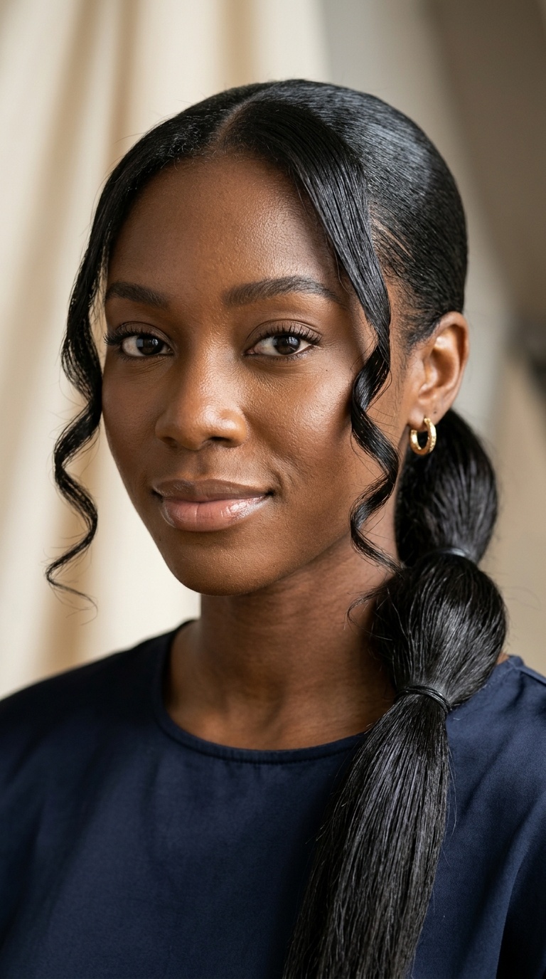 Sleek Low Pony with Face-Framing Tendrils