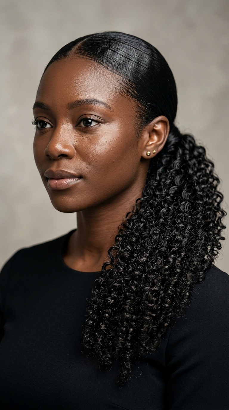 Sleek Low Pony with Kinky Coils