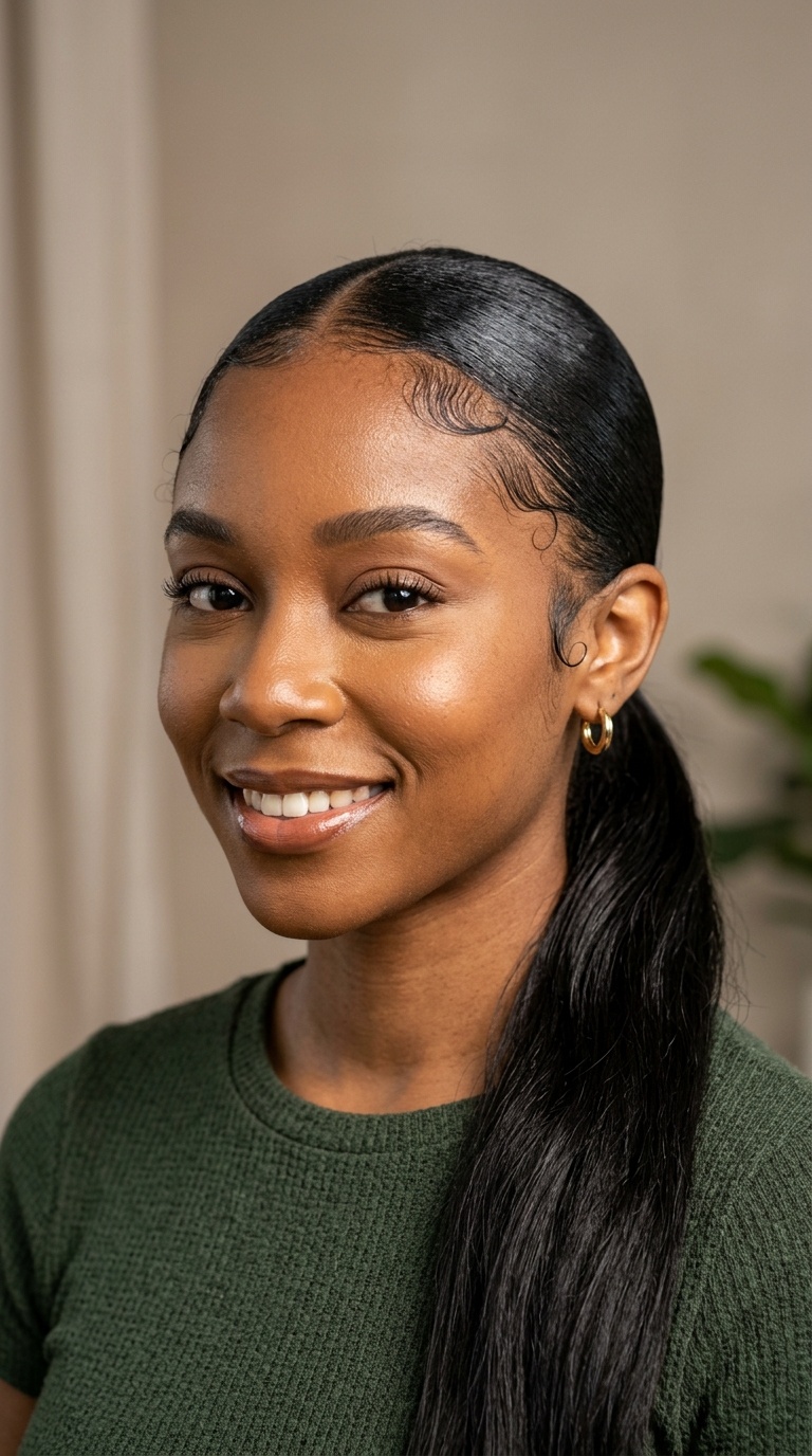 Sleek Low Pony with Micro-Swoop Edges
