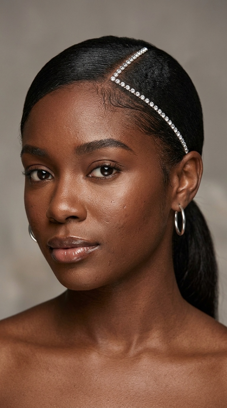 Sleek Low Pony with Rhinestone Parting