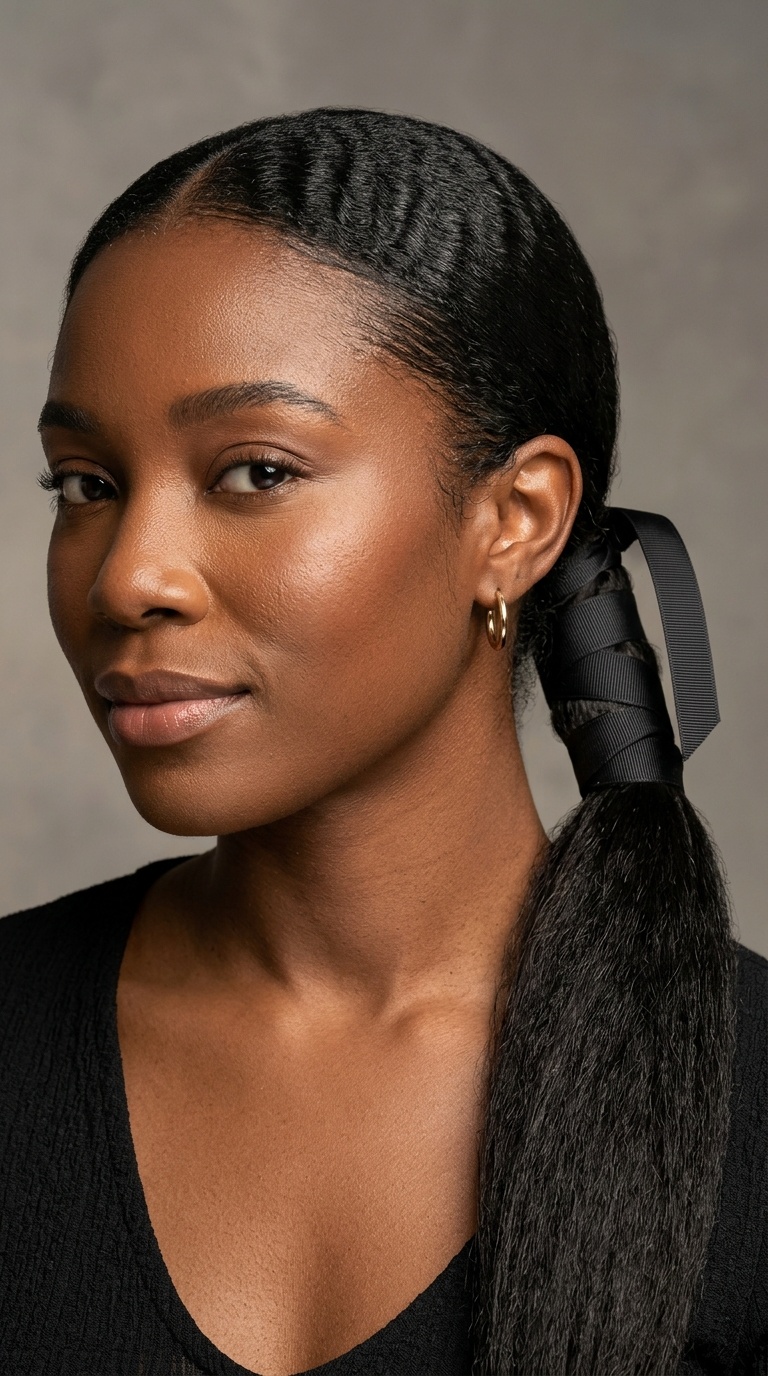 Sleek Low Pony with Wrapped Ribbon