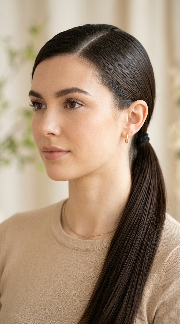 Sleek Low Ponytail with a Deep Part
