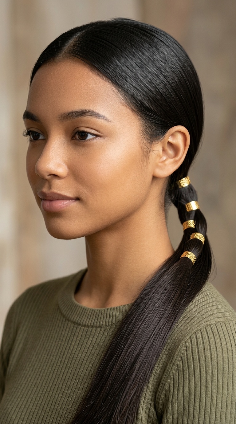 Sleek Low Ponytail with Gold Cuffs
