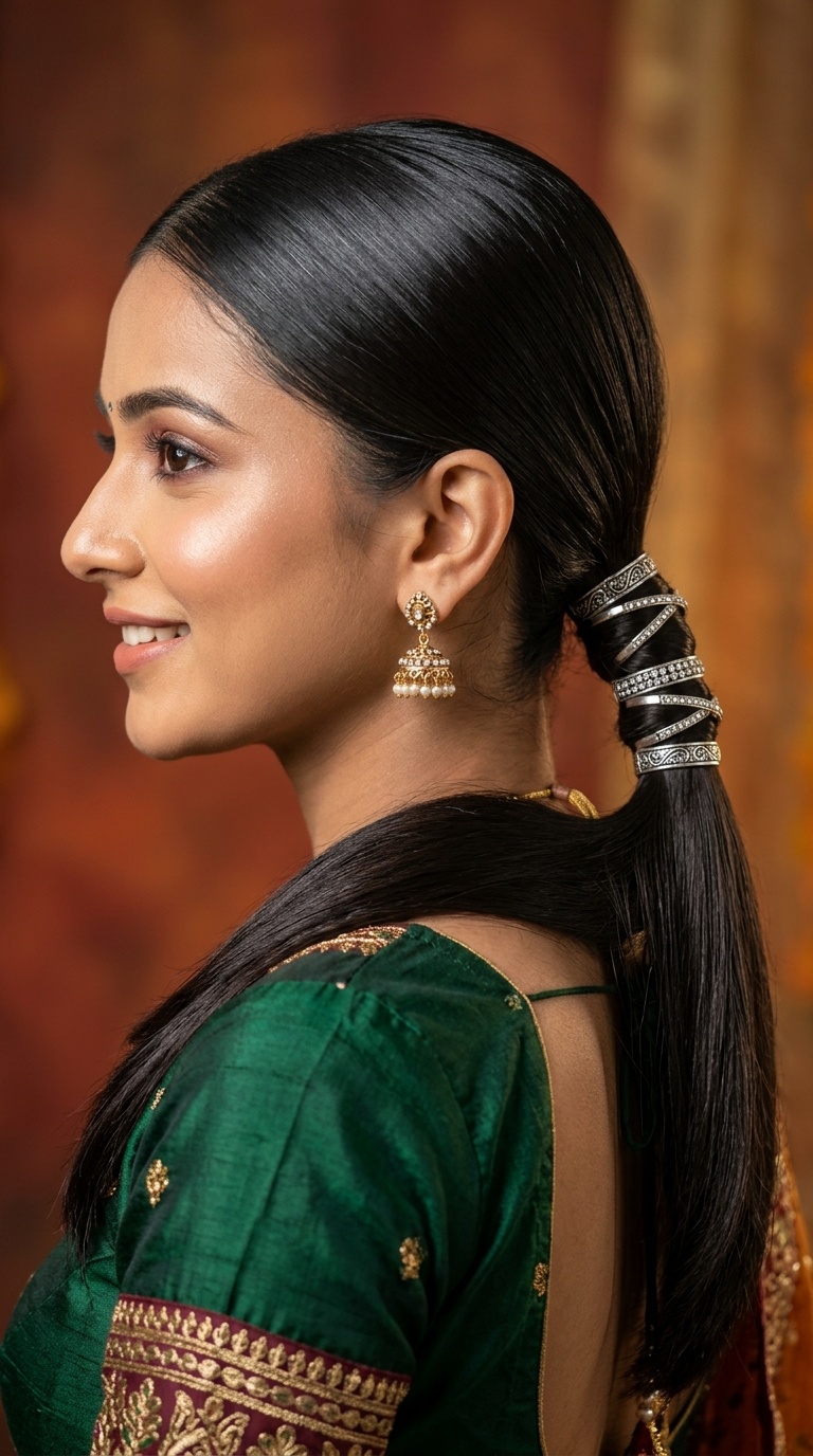 Sleek Low Ponytail with Metallic Rings
