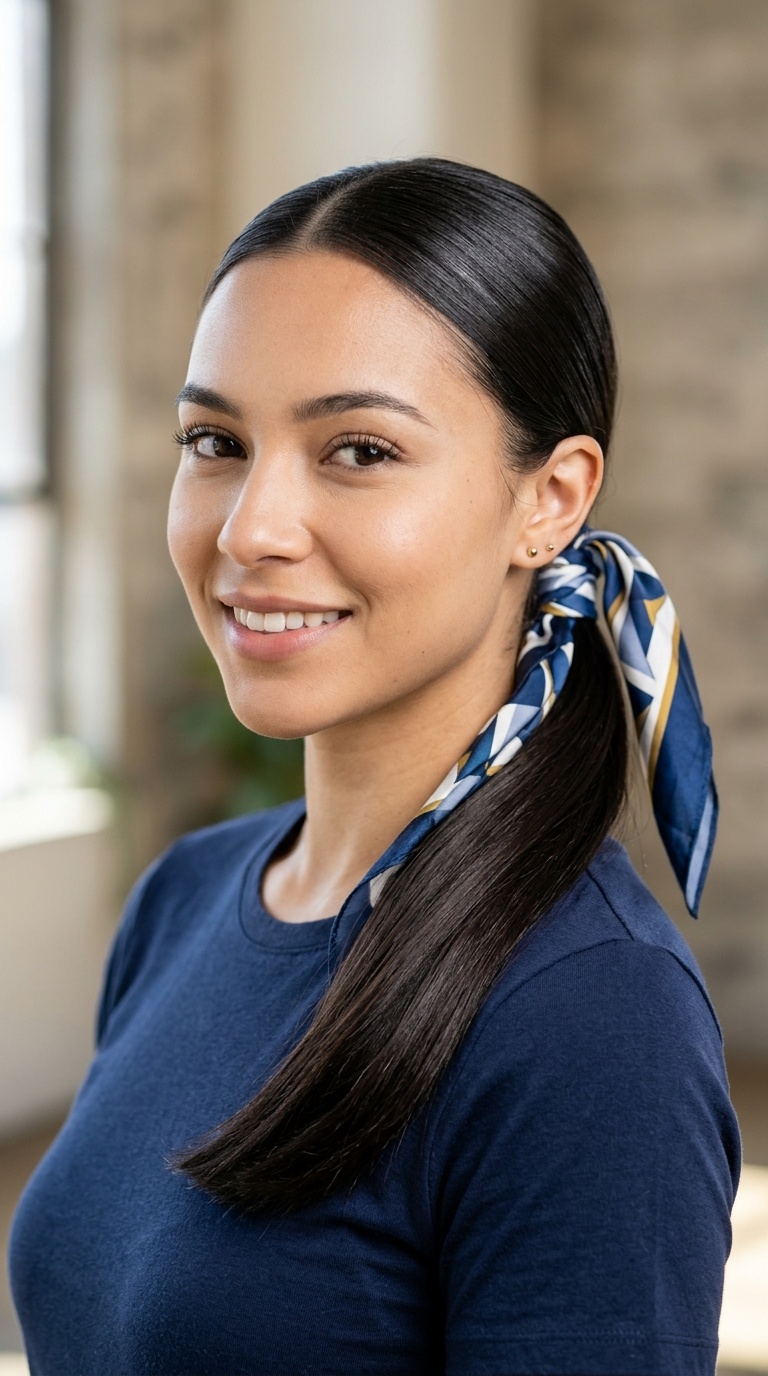 Sleek Low Ponytail with Scarf