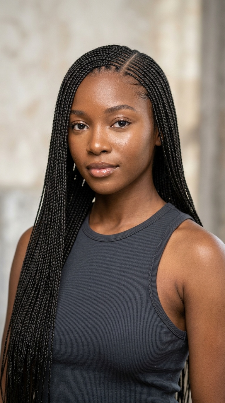 Sleek Micro-Braids with a Deep Part