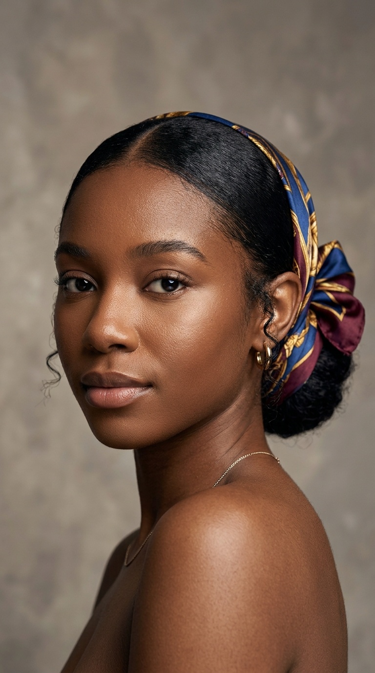 Sleek Middle-Part Low Bun with Scarf Detail