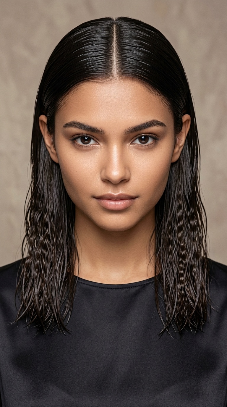 Sleek Middle Part with Crimped Wet Ends