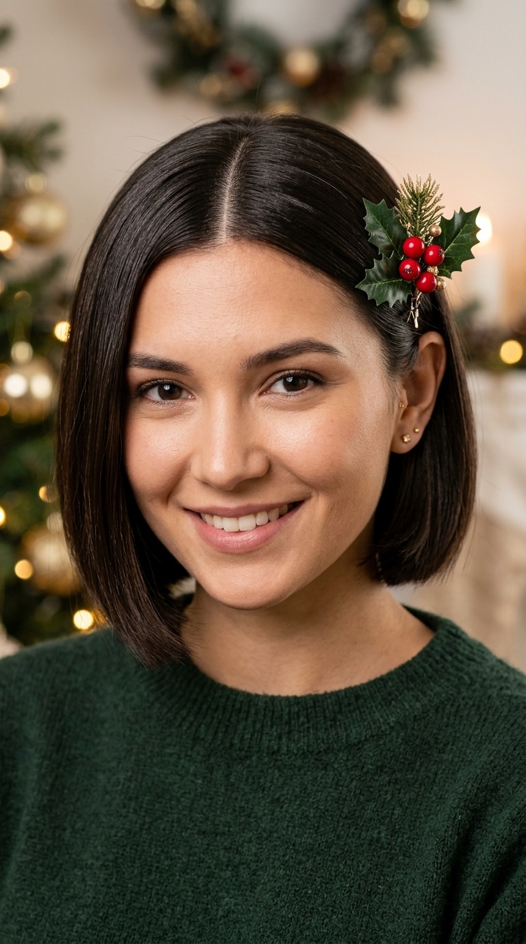 Sleek Middle Part with Holly Accessory