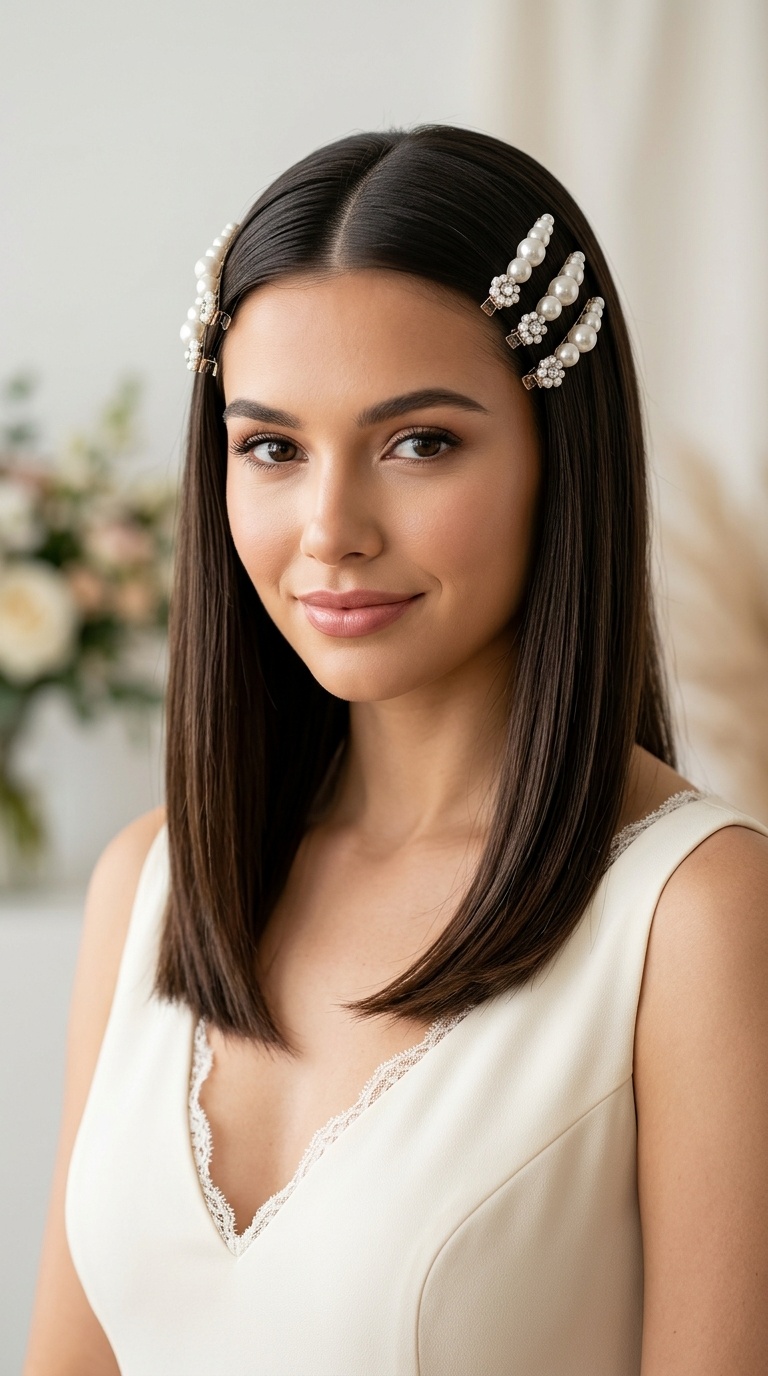 Sleek Middle Part with Pearl Clips
