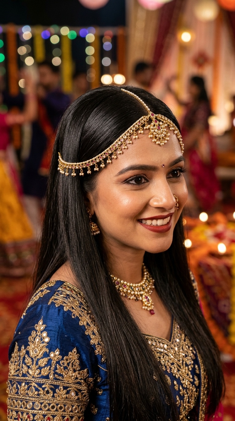 Sleek Middle-Parted Open Hair with Jeweled Chain