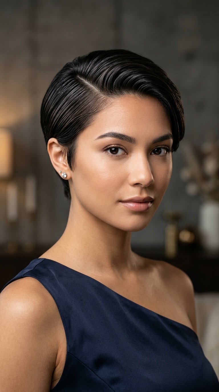 Sleek Pixie with a Deep Side Part