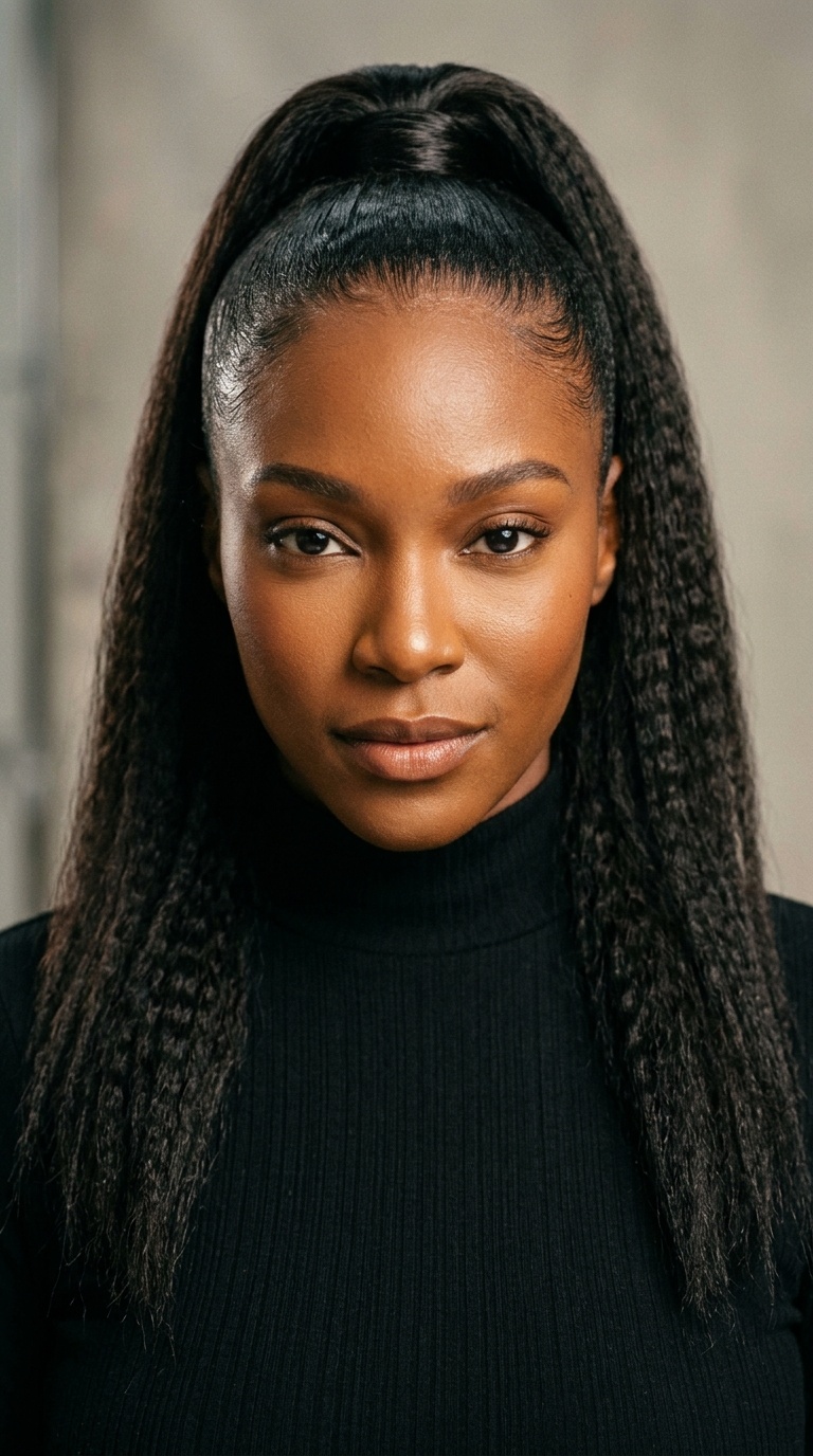 Sleek Ponytail with Crimped Texture