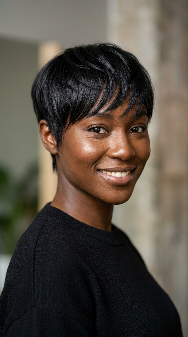Sleek Razor-Cut Pixie with Layered Fringe