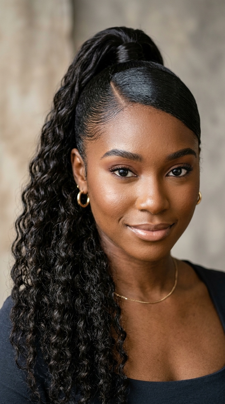 Sleek Side-Part Pony with Crimped Curls