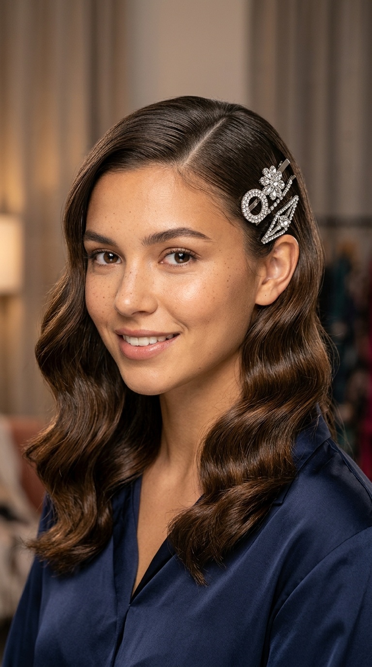 Sleek Side-Part Waves with Rhinestone Barrettes
