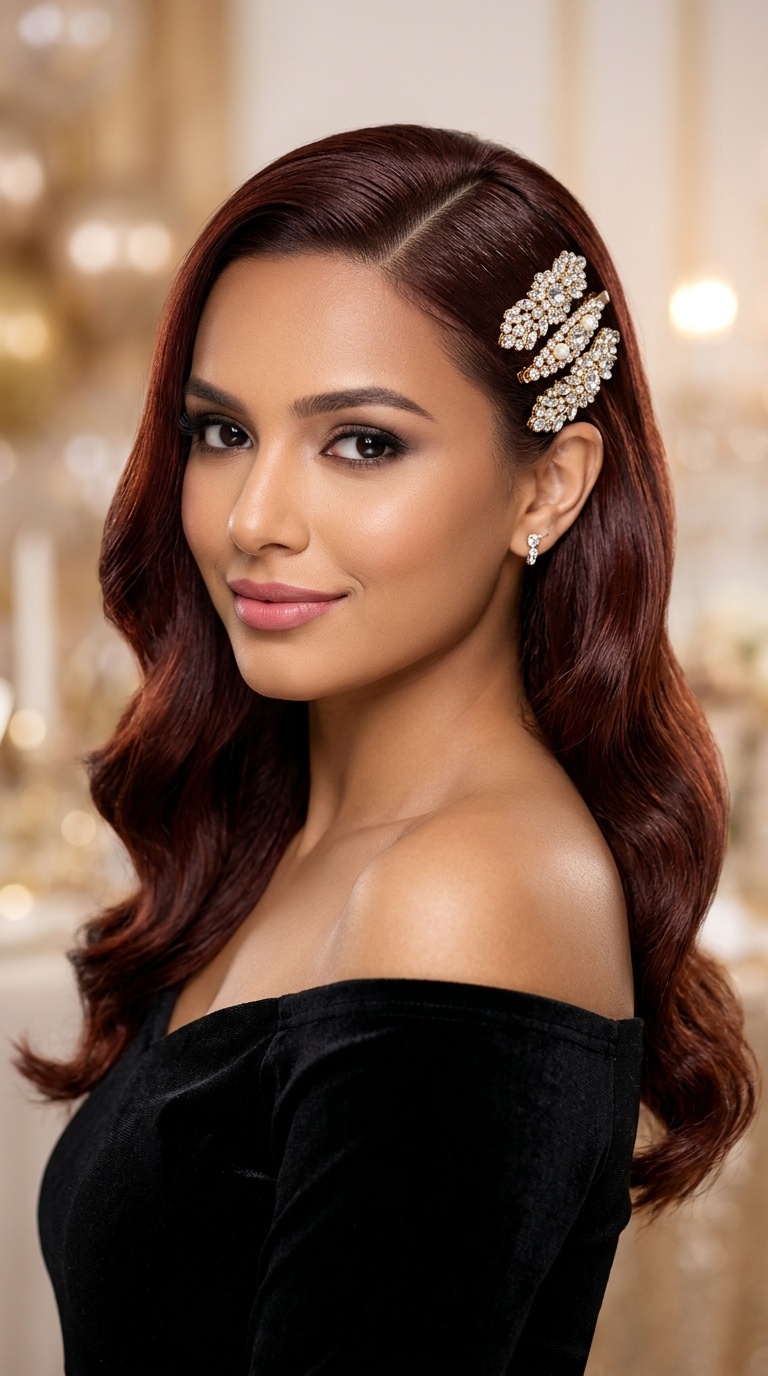 Sleek Side Part with Jeweled Clips