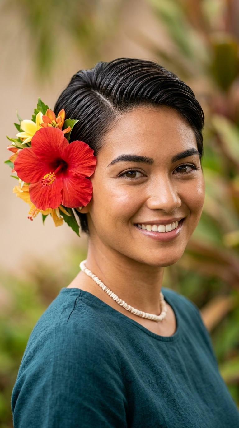 Sleek Side-Parted Pixie with Hibiscus