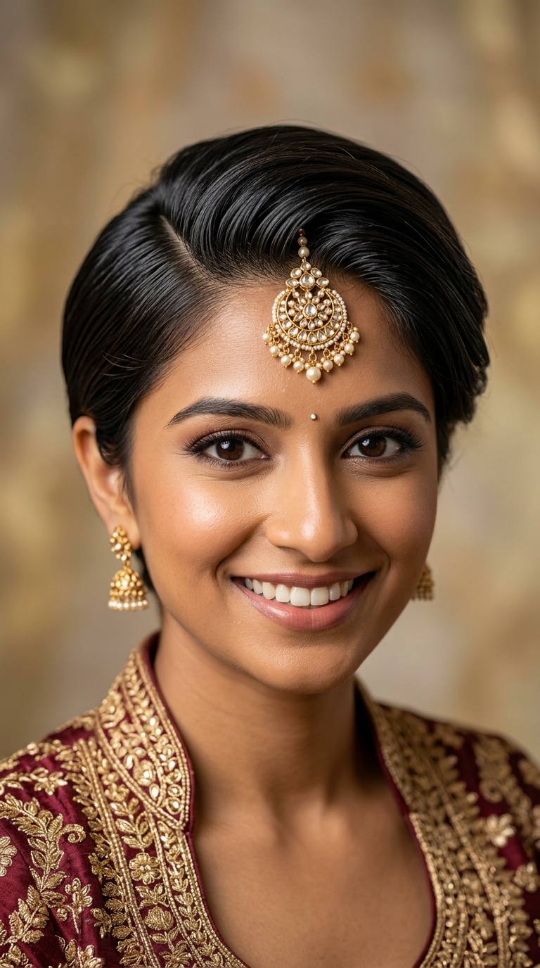 Sleek Side-Parted Pixie with Maang Tikka