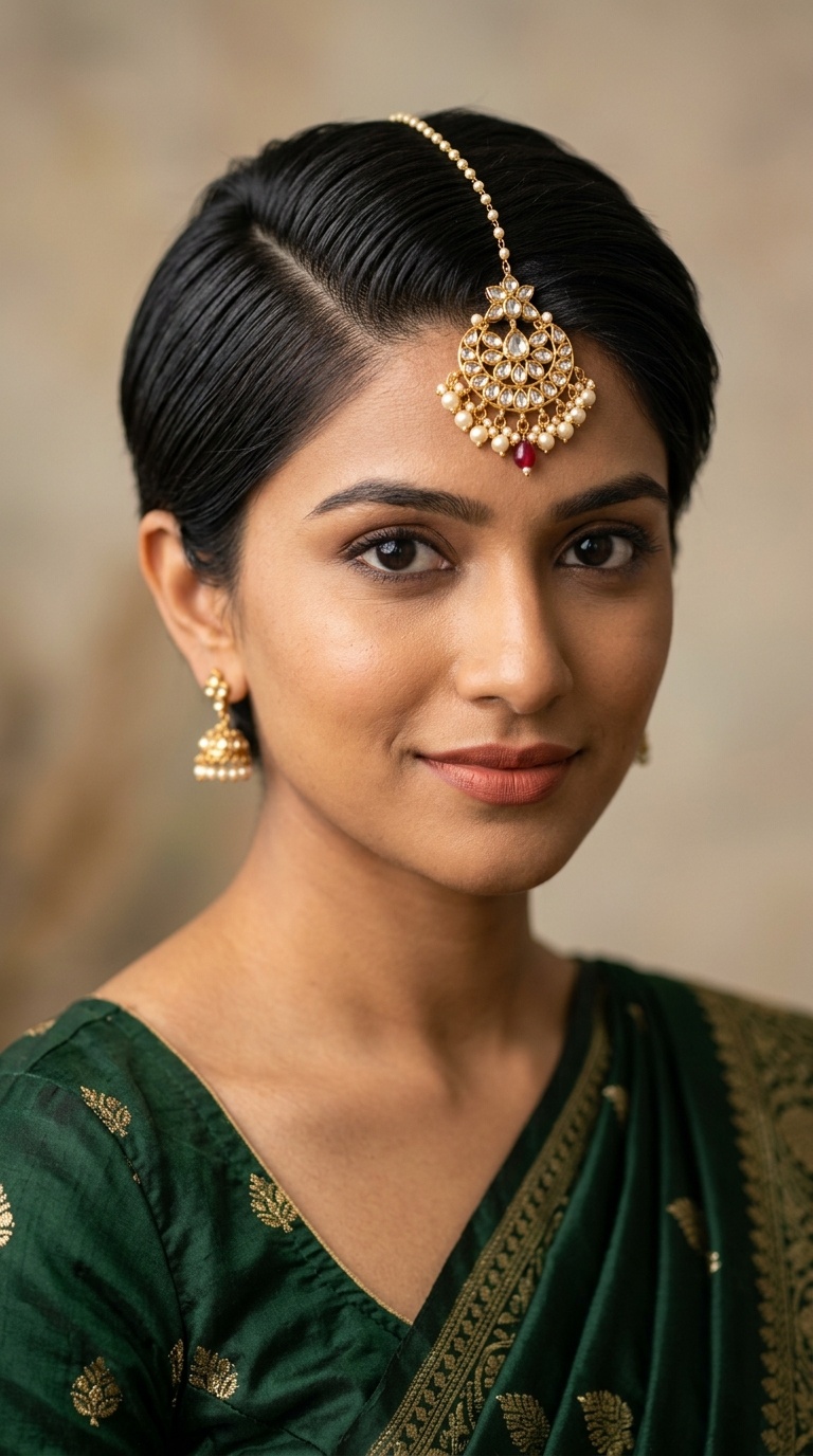 Sleek Side-Parted Pixie with Maang Tikka