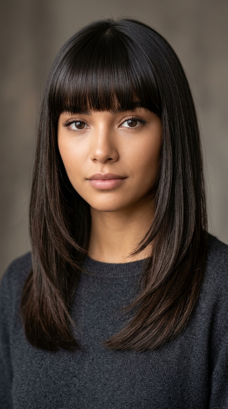 Sleek Straight Layers with Blunt Bangs