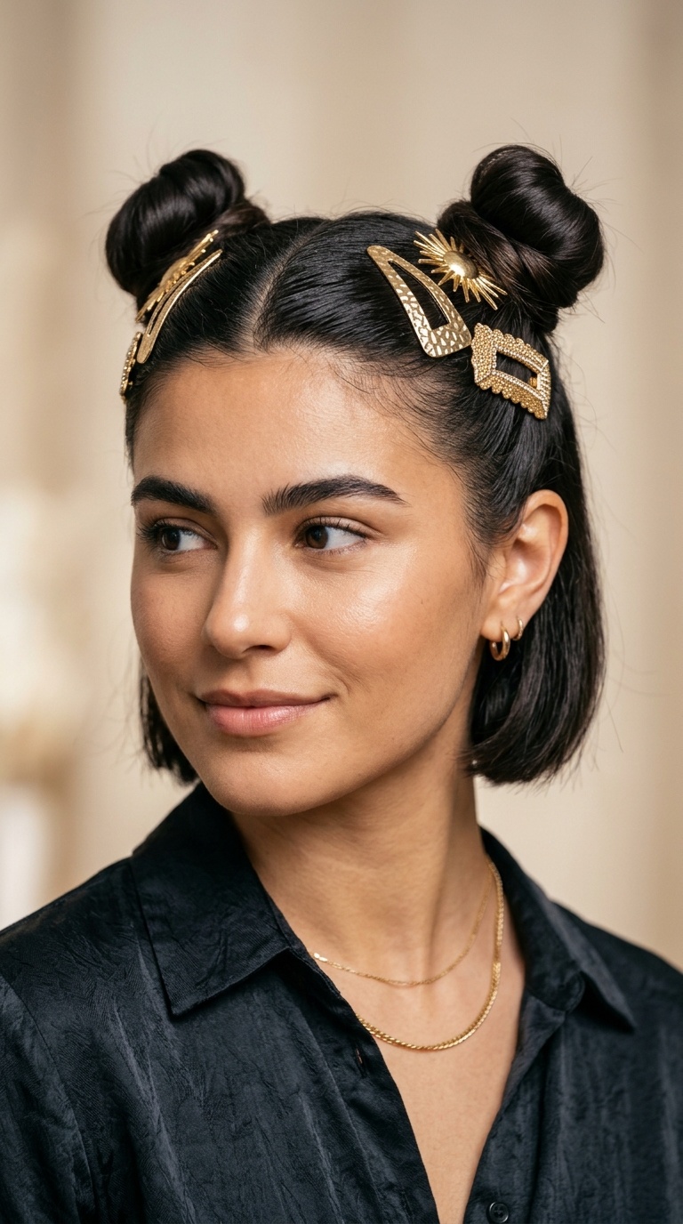Sleek Top Buns with Statement Gold Clips