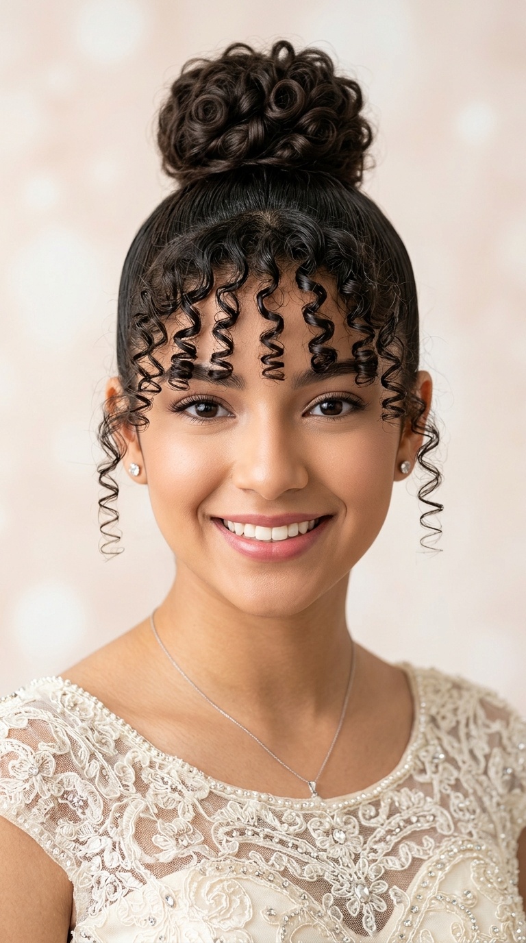 Sleek Top Knot with Curly Fringe