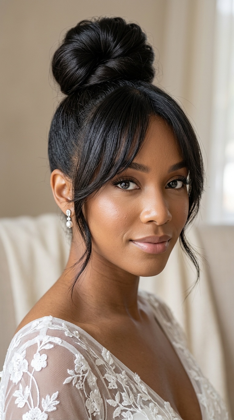 Sleek Top Knot with Long Layered Bangs