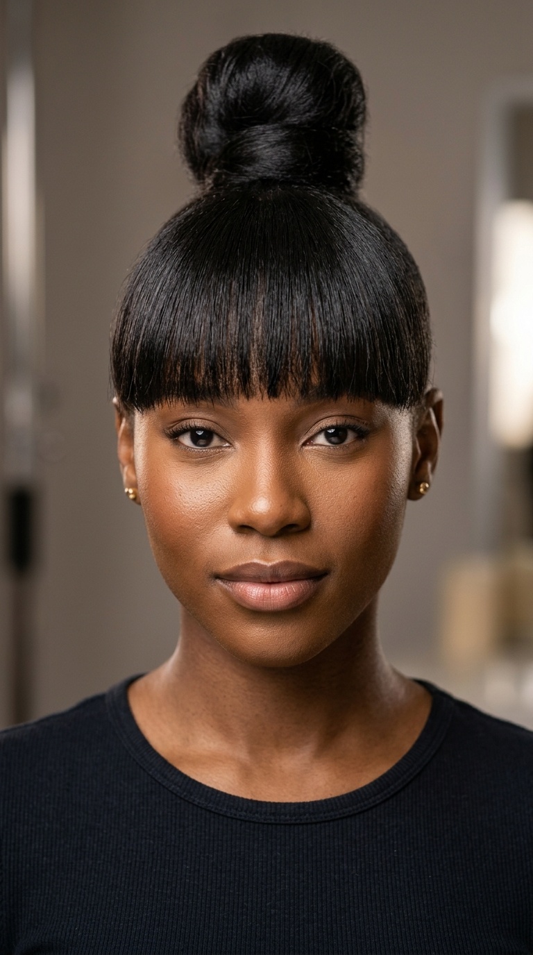 Sleek Top Knot with Thick Blunt Bangs