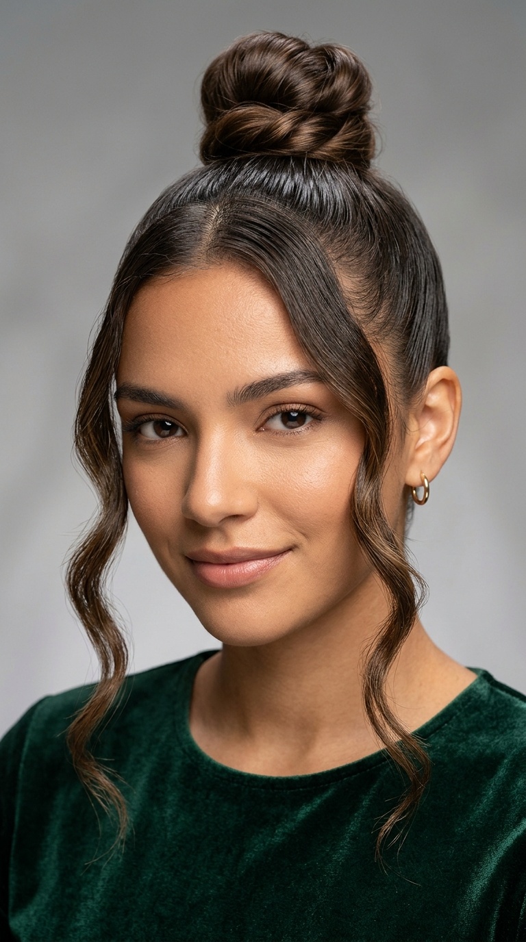 Sleek Top Knot with Wavy Tendrils