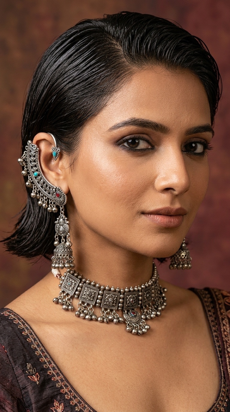 Sleek Wet Look with Statement Earcuffs