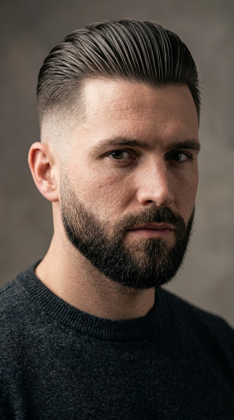 Slick Back with High Skin Fade and Beard Taper