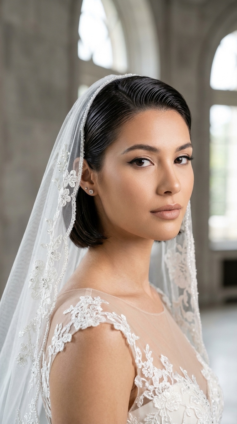 Slicked-Back Bob with Cathedral Veil