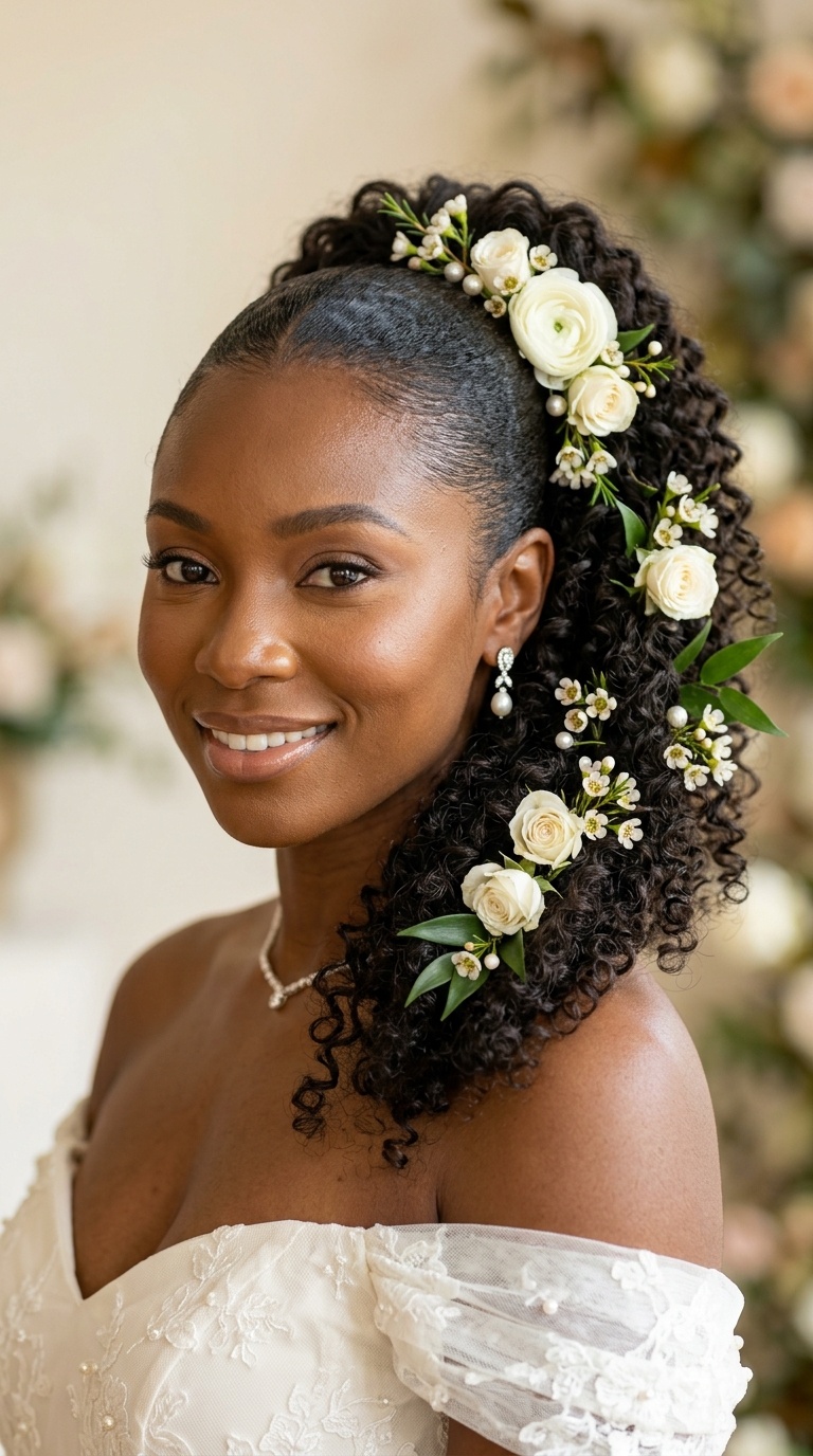 Slicked Back Curly Pony with Floating Florals
