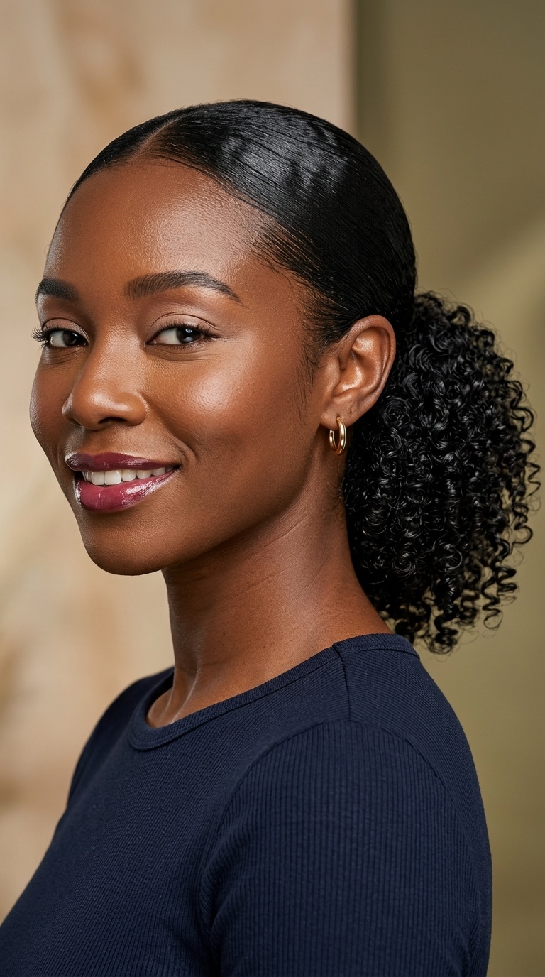 Slicked Back Low Bun with Curly Tail