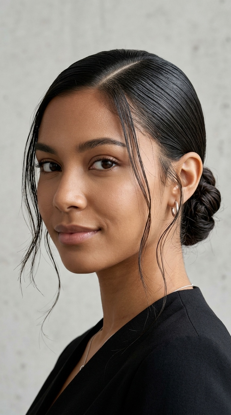 Slicked-Back Low Bun with Tendrils