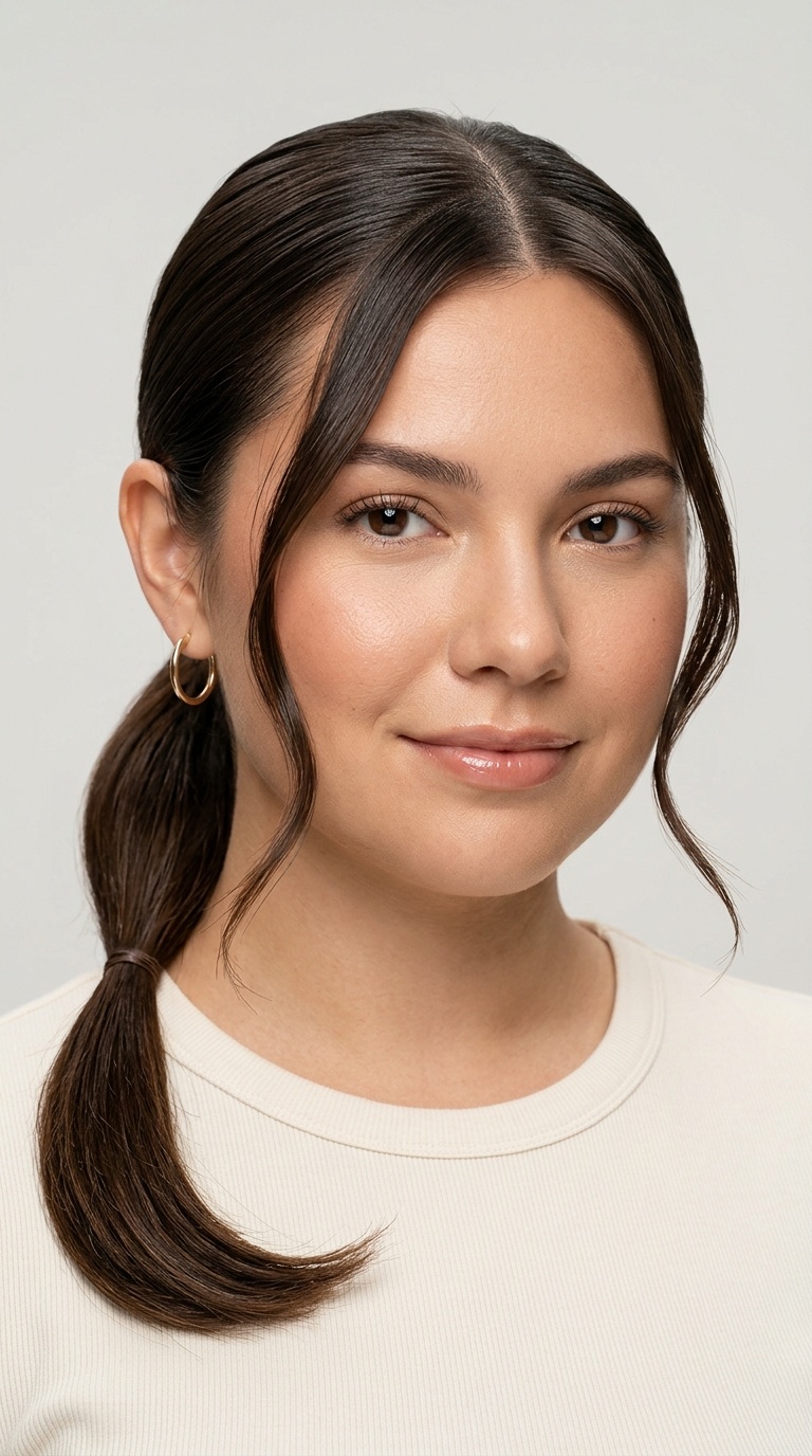 Slicked-Back Low Pony with Face-Framing Tendrils