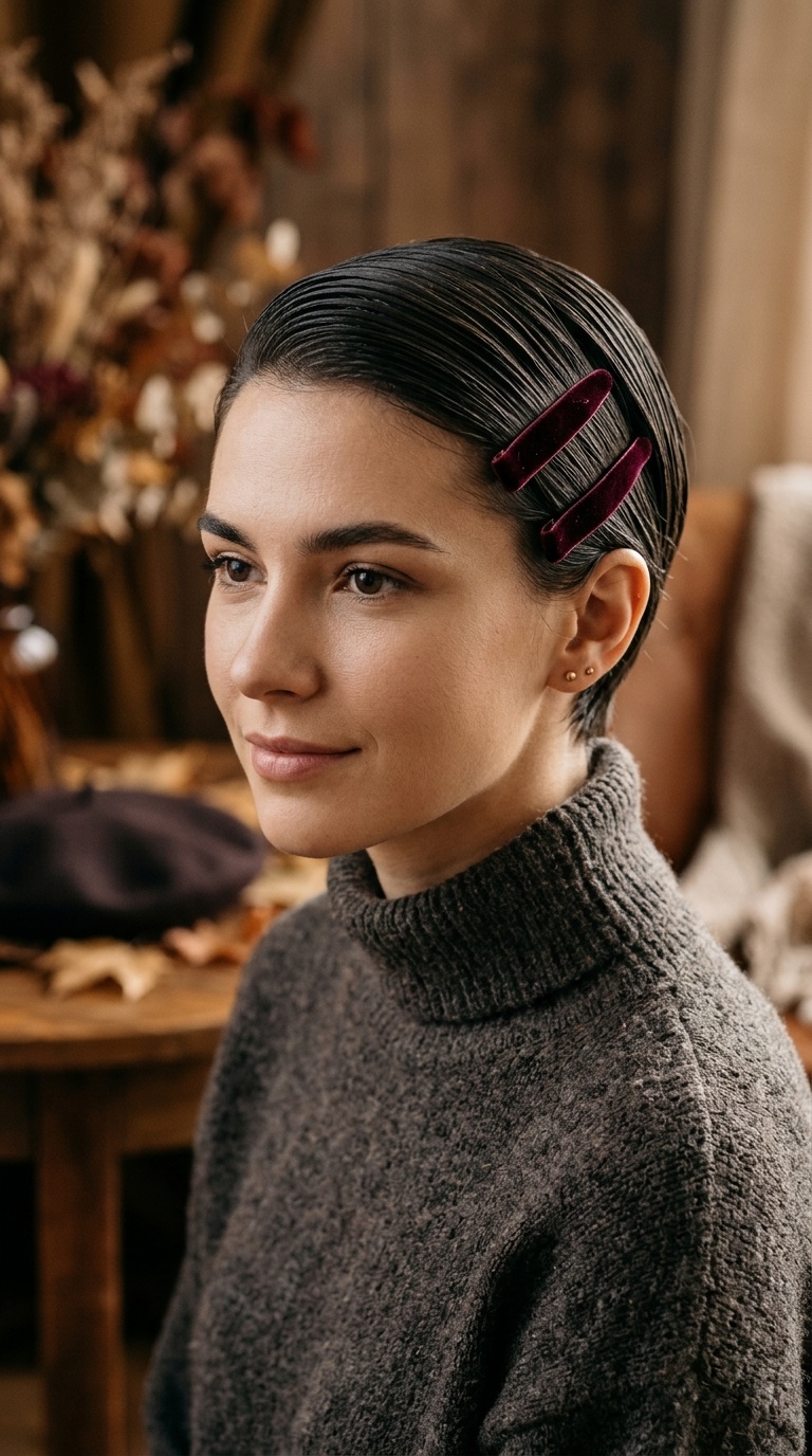 Slicked-Back Pixie with Side-Pinned Velvet Clips