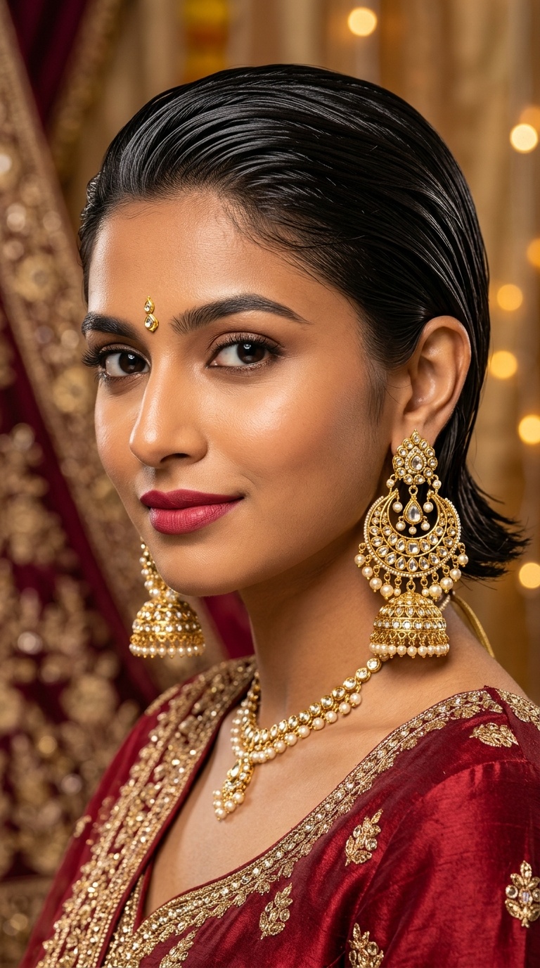 Slicked-Back Wet Look with Heavy Jhumkas