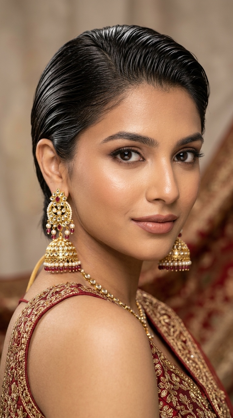 Slicked Back Wet Look with Statement Jhumkas