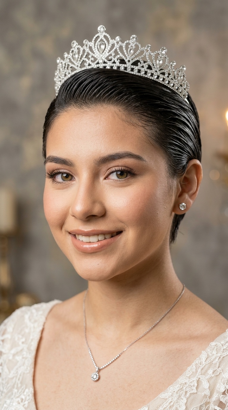 Slicked Back Wet Look with Tiara Contrast