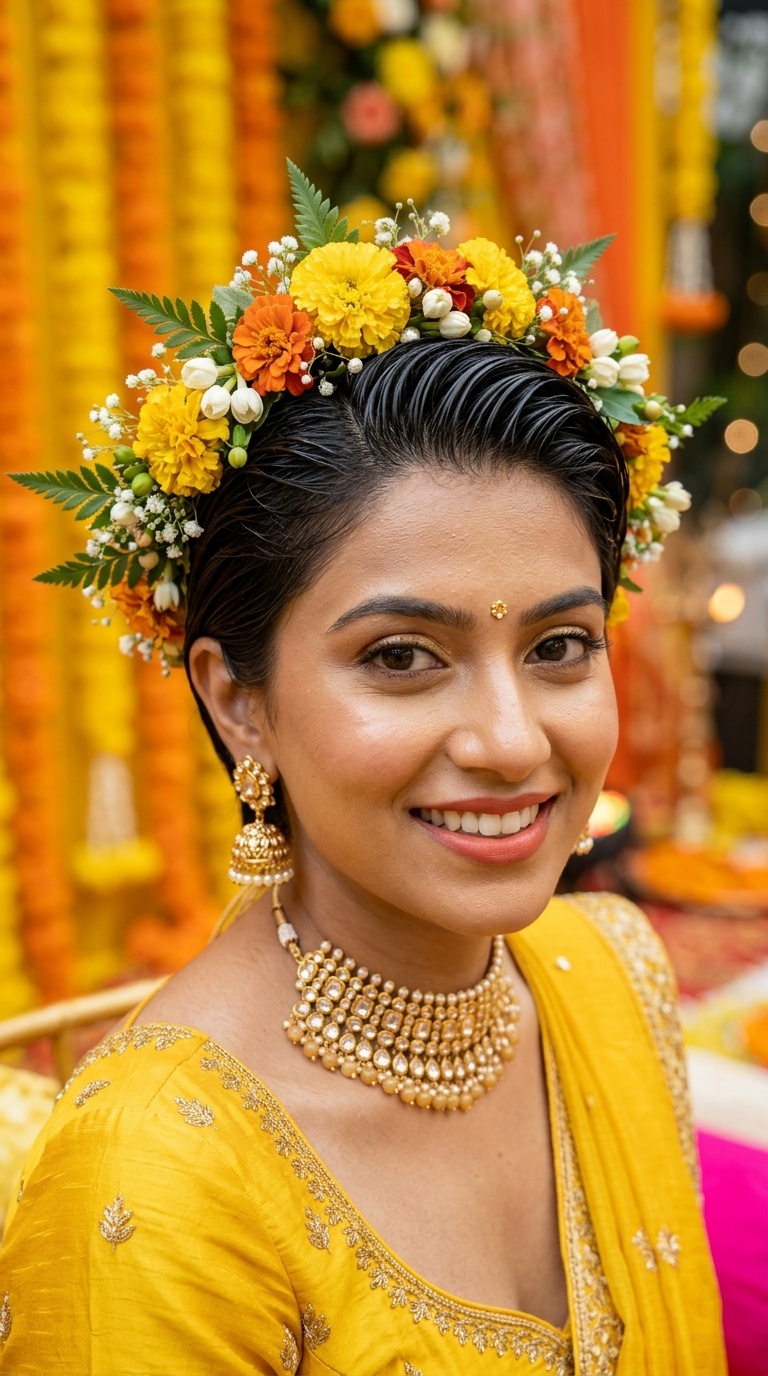 Slicked-Back Wet Look with Tropical Tiara