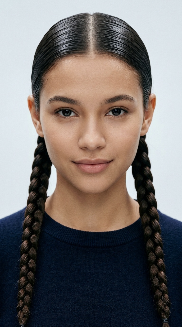 Slicked Middle Part Pigtail Braids
